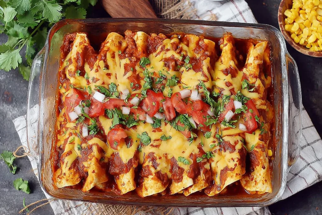 Vegan Enchiladas With Lentils in a glass baking dish, smothered in red enchilada sauce and melted vegan cheese, topped with cilantro and fresh tomatoes.