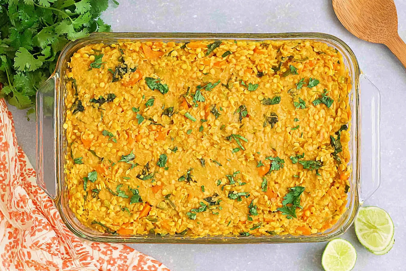 Red Lentil Casserole baked in a glass 9x13 dish, topped with chopped cilantro, with lime wedges and fresh herbs on the side.