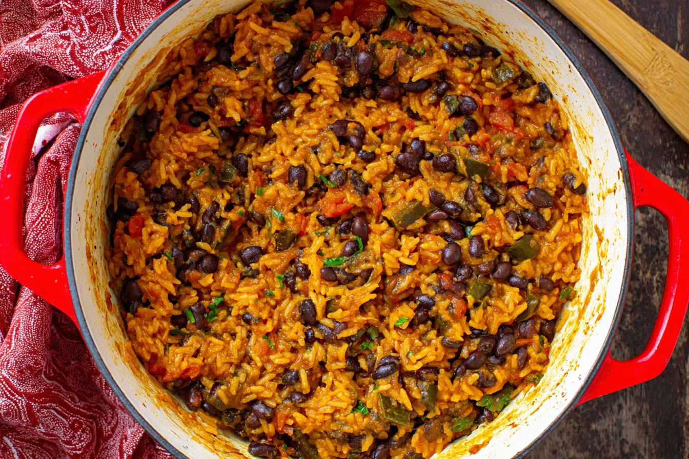 One-pot Black Beans and Rice in a red Dutch oven with tomatoes, peppers, and warm spices.