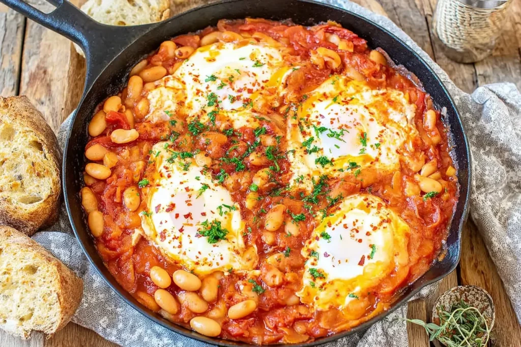 Spanish Beans And Eggs in a cast-iron skillet with white beans simmered in tomato paprika sauce and four baked eggs, topped with herbs.