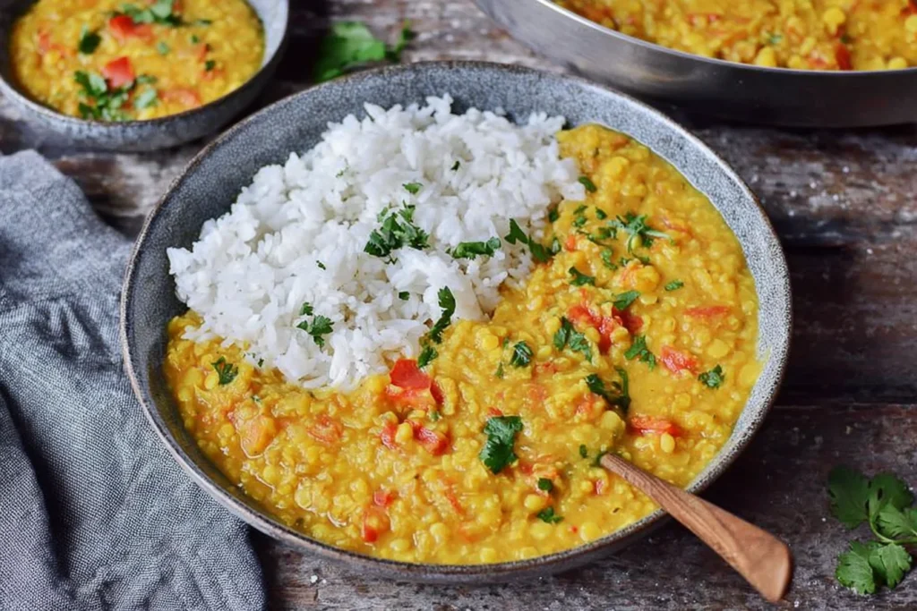 Red Lentil Dahl served with fluffy basmati rice, topped with fresh cilantro in a cozy bowl.