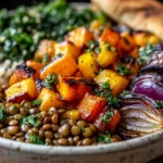 Herbed Lentil Rice with Roasted Veggies bowl with tender lentils, fluffy rice, charred squash, roasted red onion, sautéed greens, and fresh herb sauce.