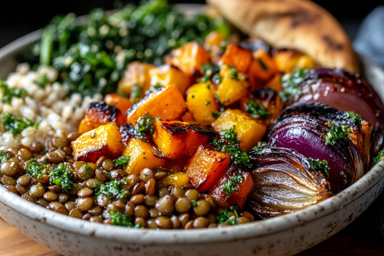 Herbed Lentil Rice with Roasted Veggies bowl with tender lentils, fluffy rice, charred squash, roasted red onion, sautéed greens, and fresh herb sauce.