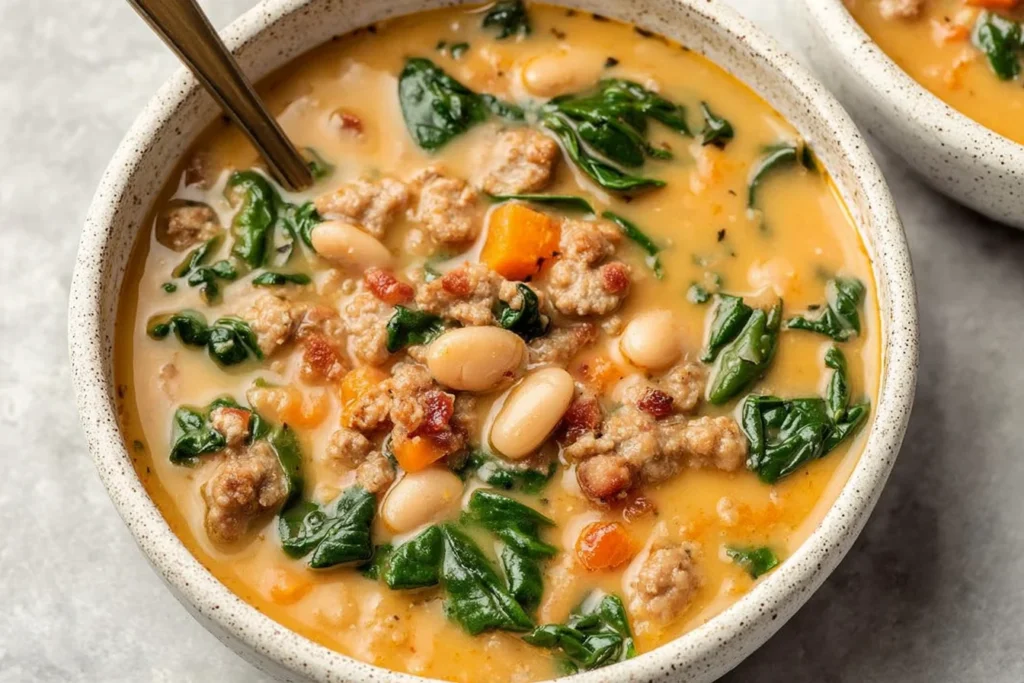 Italian Sausage White Bean Soup in a bowl with cannellini beans, sausage, bacon, carrots, and spinach in a creamy broth.