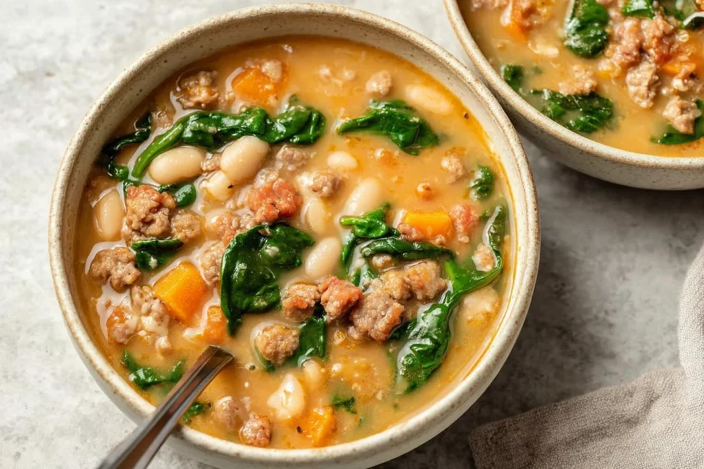 Italian Sausage White Bean Soup with cannellini beans, browned sausage, carrots, and spinach in a creamy broth, served in a rustic bowl.