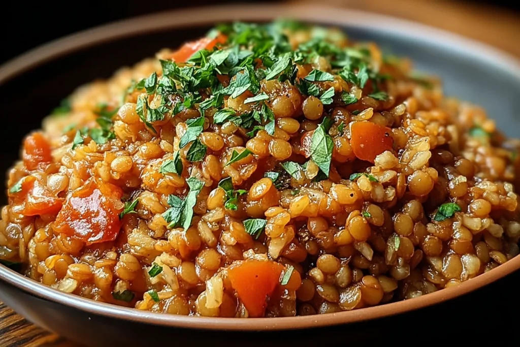 One Pan Garlicky Lentil Rice in a bowl, fluffy rice and tender lentils topped with fresh herbs for an easy one-pan dinner.