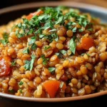 One Pan Garlicky Lentil Rice in a bowl, fluffy rice and tender lentils topped with fresh herbs for an easy one-pan dinner.