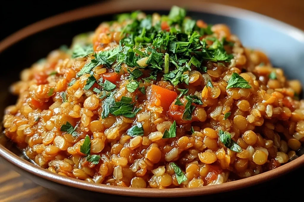 One Pan Garlicky Lentil Rice close-up in a bowl, tender lentils and fluffy rice with tomatoes and fresh herbs for a cozy one-pan meal.