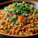 One Pan Garlicky Lentil Rice close-up in a bowl, tender lentils and fluffy rice with tomatoes and fresh herbs for a cozy one-pan meal.