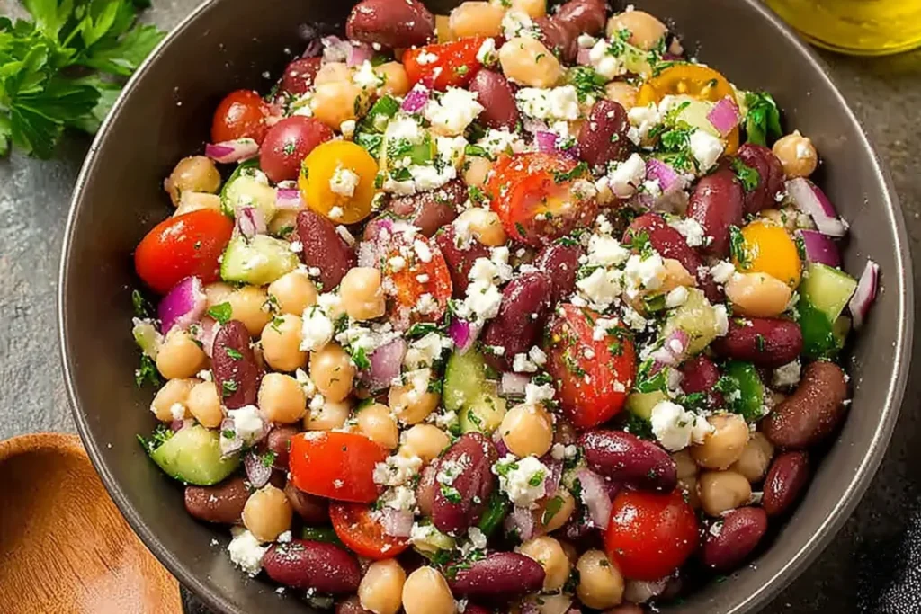 Bowl of Mediterranean Bean Salad With Feta with chickpeas, kidney beans, cucumber, cherry tomatoes, red onion, herbs, and crumbled feta.