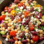 Bowl of Mediterranean Bean Salad With Feta with chickpeas, kidney beans, cucumber, cherry tomatoes, red onion, herbs, and crumbled feta.