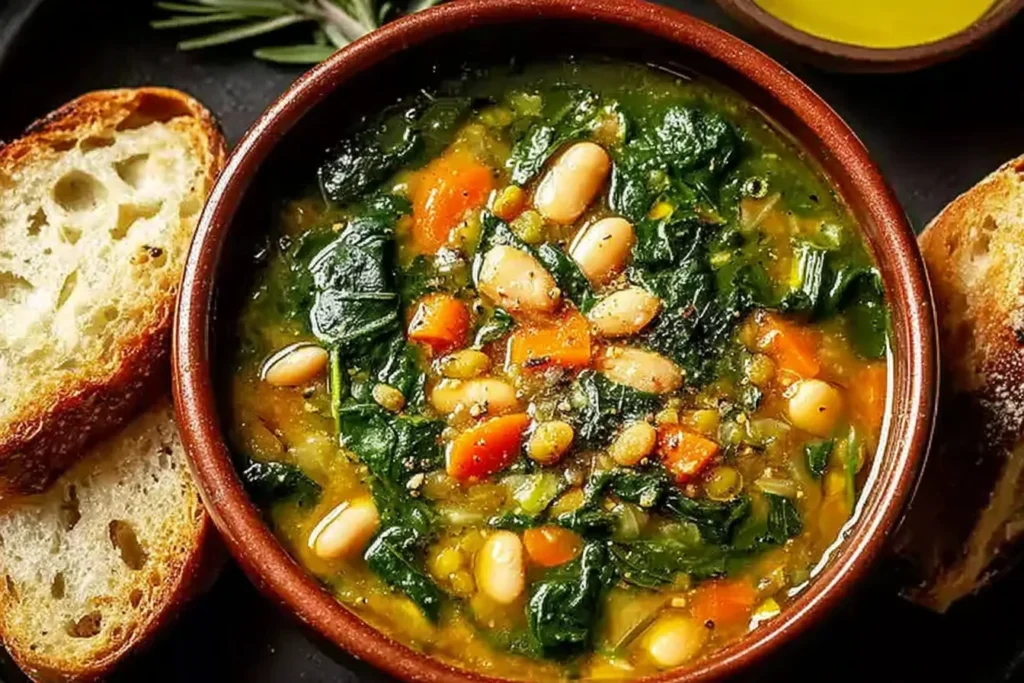 Spinach Lentil and Butter Bean Soup Recipe in a brown ceramic bowl with carrots, tender lentils, creamy butter beans, and wilted spinach, served with toasted bread.