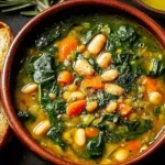Spinach Lentil and Butter Bean Soup Recipe in a brown ceramic bowl with carrots, tender lentils, creamy butter beans, and wilted spinach, served with toasted bread.