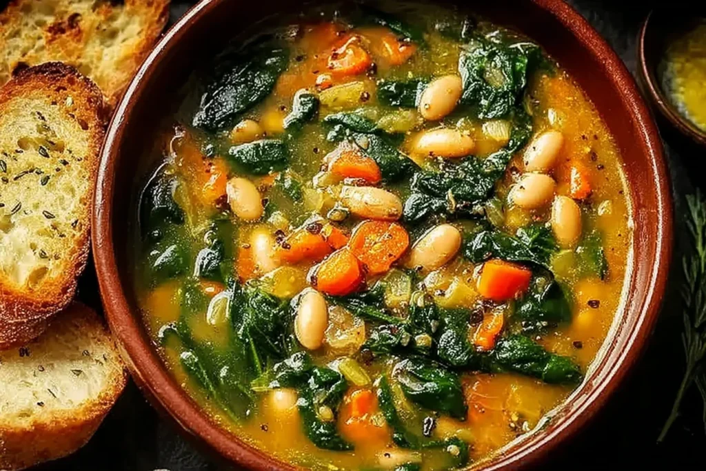 Spinach Lentil and Butter Bean Soup Recipe in a rustic bowl with tender lentils, creamy butter beans, fresh spinach, and vegetables served with toasted bread.