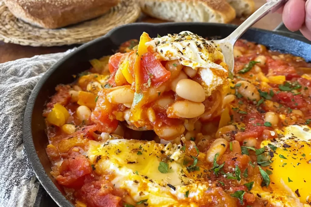 Spoon lifting Spanish Beans And Eggs from a skillet—white beans in smoky tomato sauce with a runny yolk egg, herbs, and cracked pepper.