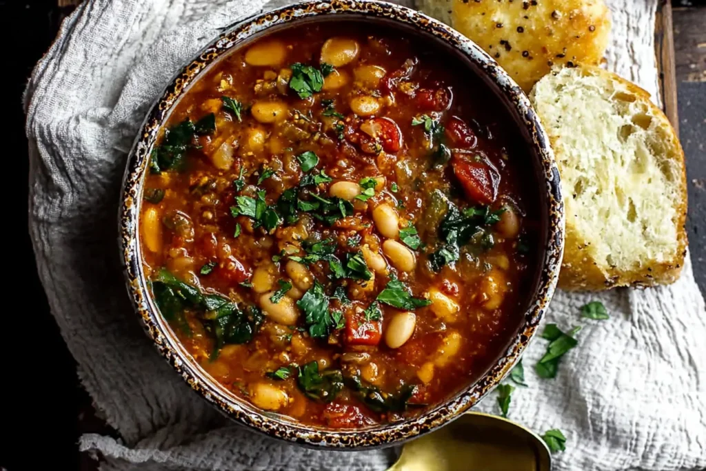 Vegan White Bean Soup Serbian in a rustic bowl with white beans, tomatoes, leafy greens, and parsley, served with crusty bread on the side.