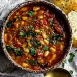 Vegan White Bean Soup Serbian in a rustic bowl with white beans, tomatoes, leafy greens, and parsley, served with crusty bread on the side.