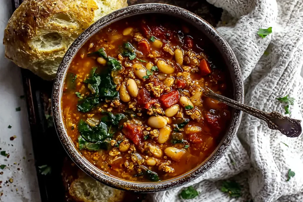 Vegan White Bean Soup Serbian in a rustic bowl with tomatoes, greens, and herbs, served with crusty bread and a spoon.