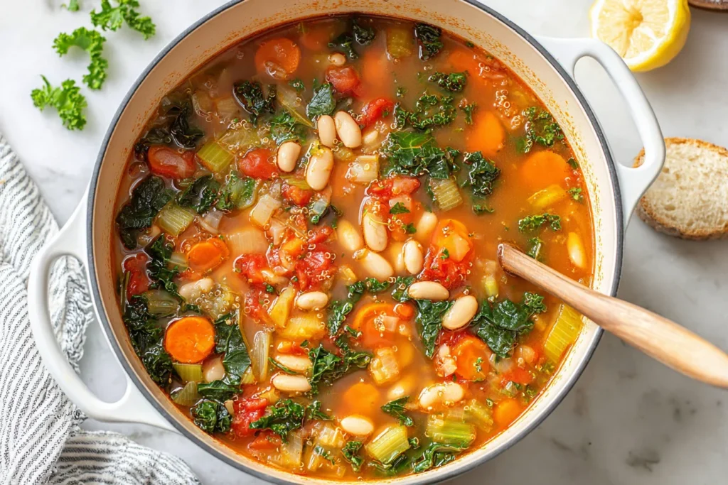 Kale Quinoa and White Bean Soup simmering in a Dutch oven with carrots, celery, tomatoes, quinoa, and kale, served with lemon and bread.