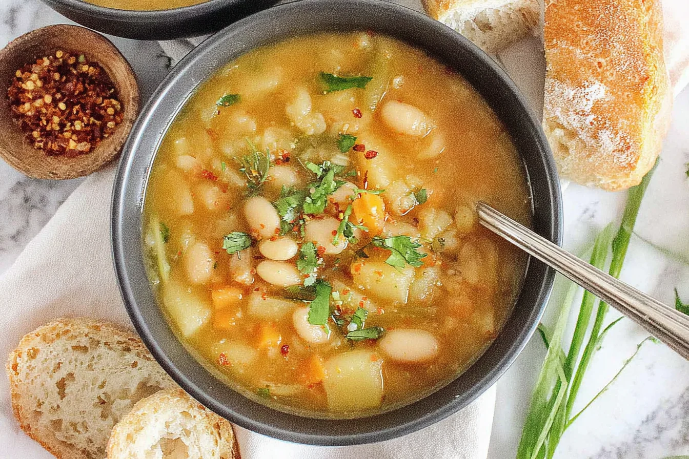 Cozy bowl of Potato and Bean Soup with cannellini beans, tender potatoes, carrots, parsley, and chili flakes served with crusty bread.