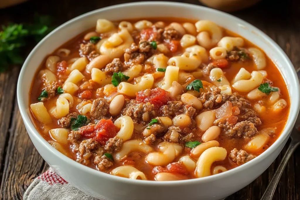 Barefoot Contessa Pasta Fagioli Recipe in a white bowl with beans, small pasta, and hearty tomato broth garnished with fresh parsley