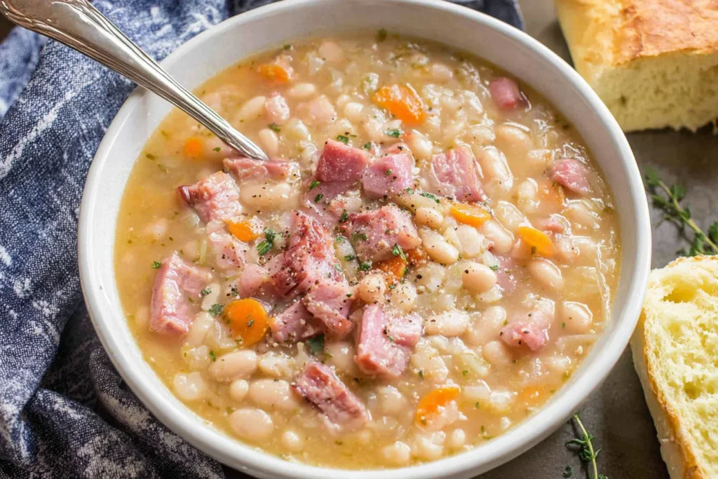 Creamy Ham and Bean Soup with tender navy beans, diced ham, carrots, and herbs in a white bowl with bread on the side.