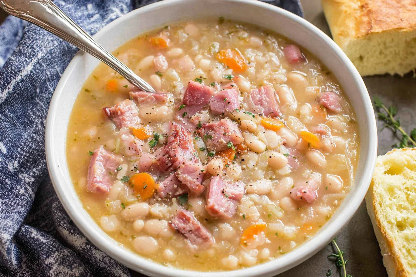 Creamy Ham and Bean Soup with tender navy beans, diced ham, carrots, and herbs in a white bowl with bread on the side.