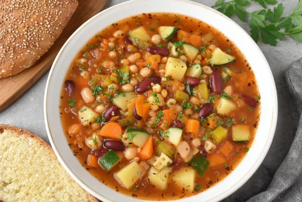 Bowl of Sardinian Minestrone Soup with canned beans, potatoes, carrots, zucchini, and herbs, served with crusty bread.