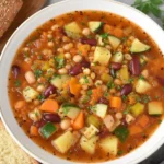 Bowl of Sardinian Minestrone Soup with canned beans, potatoes, carrots, zucchini, and herbs, served with crusty bread.