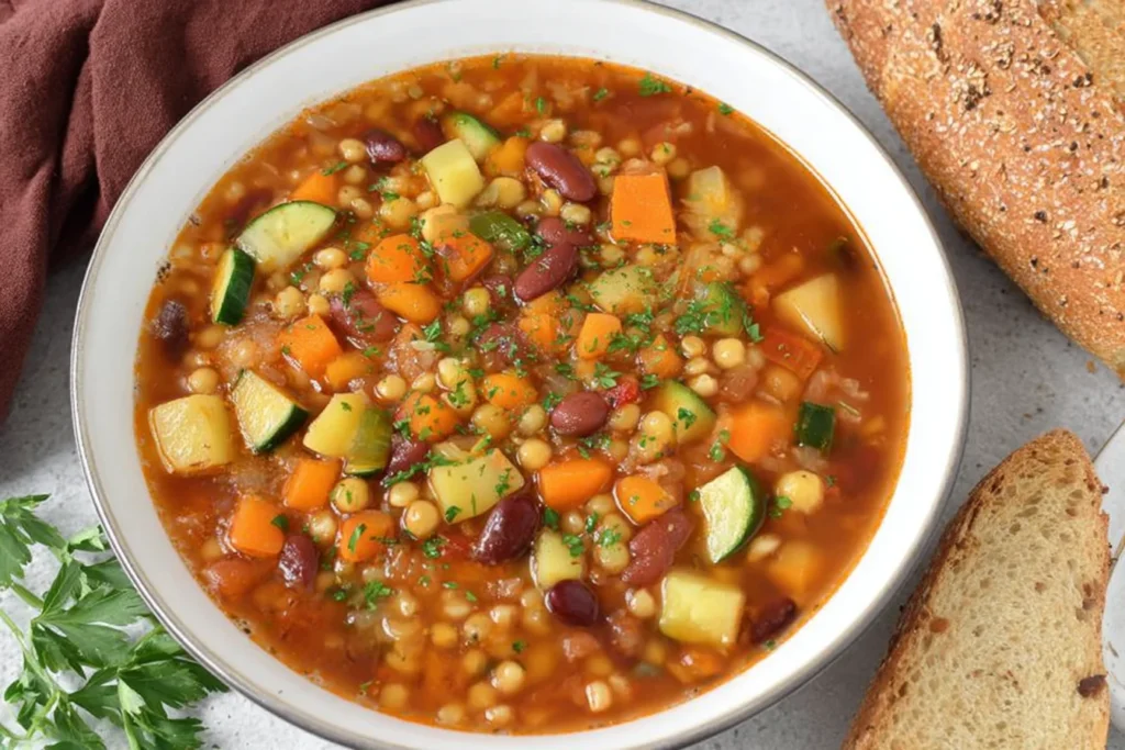 Overhead bowl of Sardinian Minestrone Soup with canned beans, potatoes, carrots, zucchini, and fresh parsley, served with rustic bread.