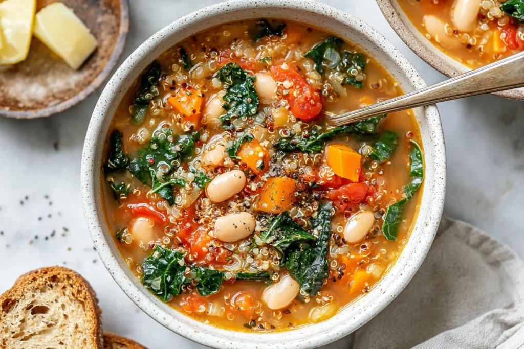 Kale Quinoa and White Bean Soup in a rustic bowl with carrots, tomatoes, quinoa, and wilted kale, topped with cracked pepper and served with lemon.