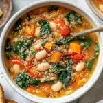 Kale Quinoa and White Bean Soup in a rustic bowl with carrots, tomatoes, quinoa, and wilted kale, topped with cracked pepper and served with lemon.