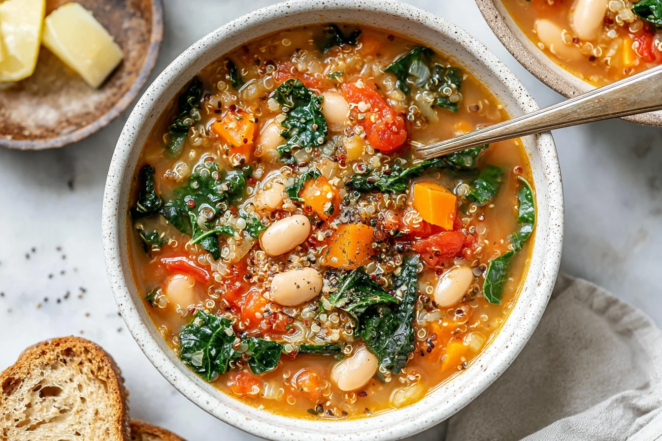 Kale Quinoa and White Bean Soup in a rustic bowl with carrots, tomatoes, quinoa, and wilted kale, topped with cracked pepper and served with lemon.