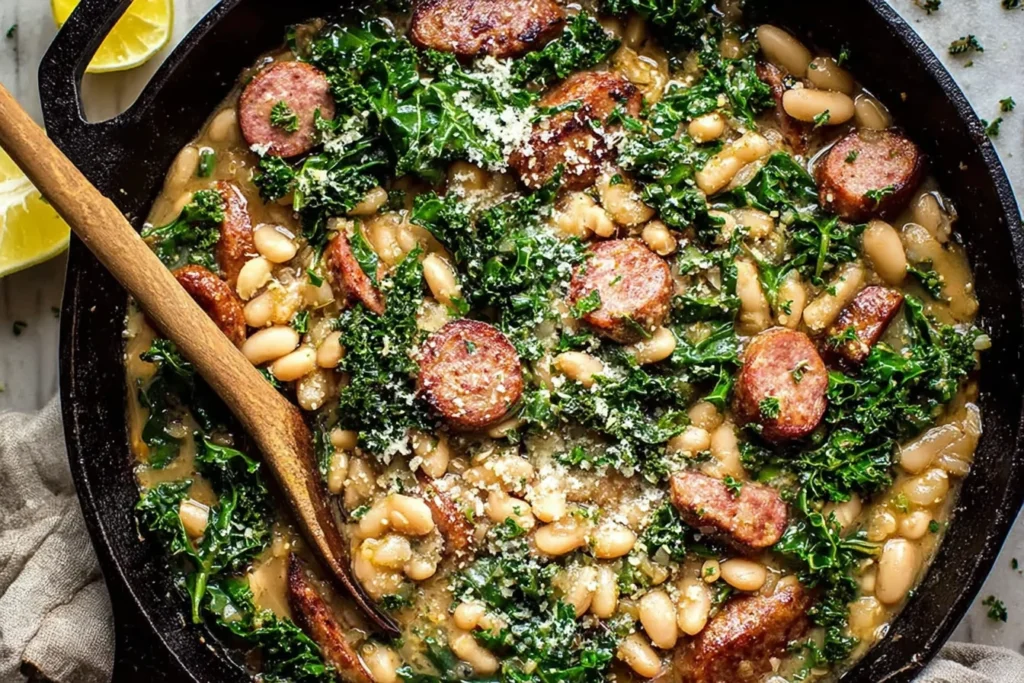 White Bean Sausage Skillet with creamy cannellini beans, browned sausage slices, wilted kale, and Parmesan in a cast-iron pan.
