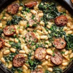 White Bean Sausage Skillet simmered with creamy white beans, browned sausage coins, and wilted greens in a cast-iron skillet, served with toasted bread.