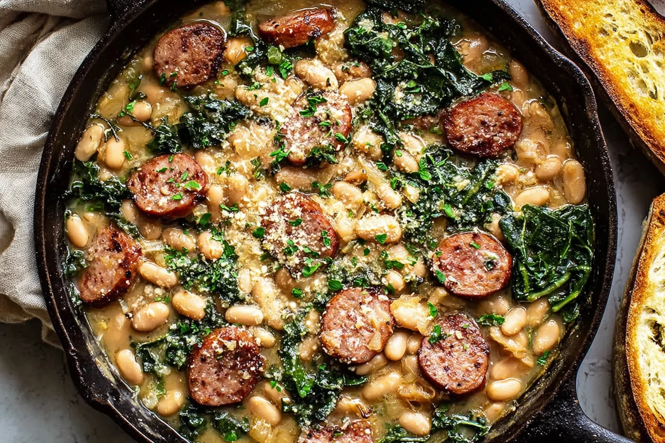 White Bean Sausage Skillet simmered with creamy white beans, browned sausage coins, and wilted greens in a cast-iron skillet, served with toasted bread.