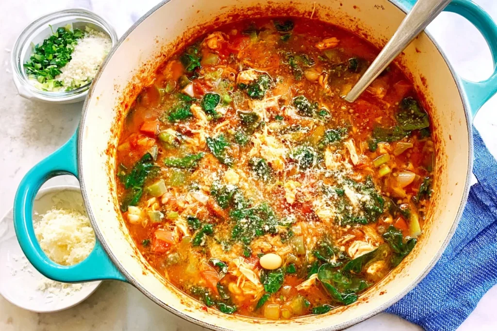 Longevity Soup simmering in a Dutch oven with tomatoes, beans, lentils, kale, and spinach, topped with grated parmesan.