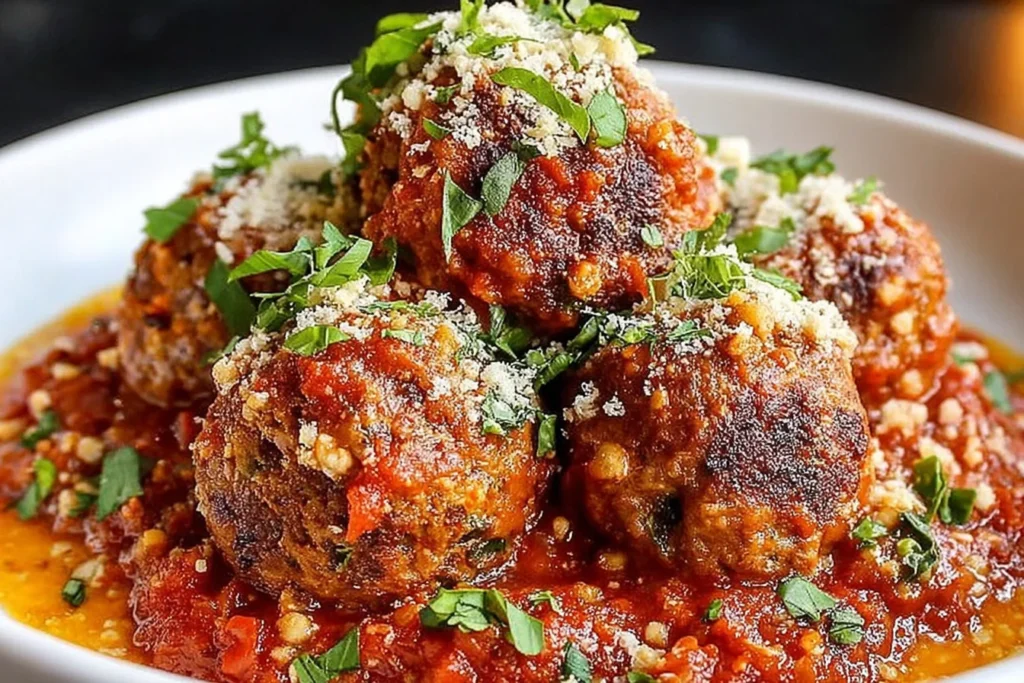 Close-up of Vegetarian Lentil Meatballs baked until golden, served in chunky marinara and topped with fresh parsley and a parmesan-style sprinkle.