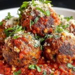 Close-up of Vegetarian Lentil Meatballs baked until golden, served in chunky marinara and topped with fresh parsley and a parmesan-style sprinkle.