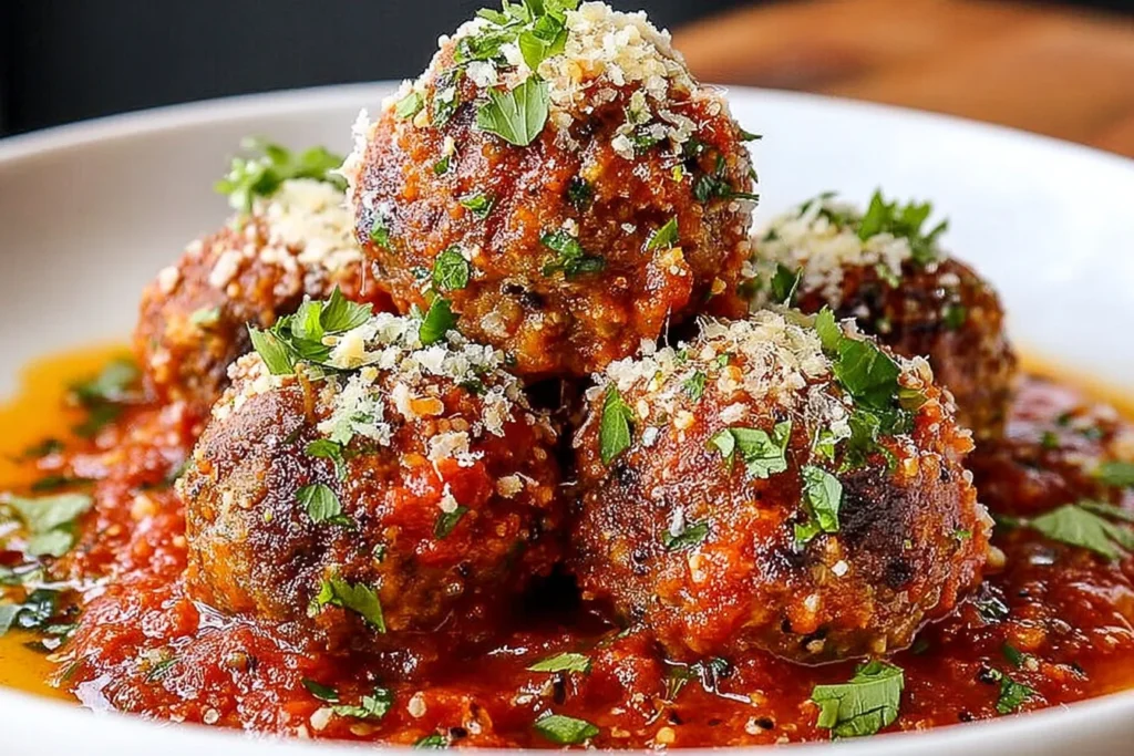 Vegetarian Lentil Meatballs in marinara sauce, topped with herbs and grated cheese-style topping in a white bowl.