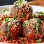Vegetarian Lentil Meatballs in marinara sauce, topped with herbs and grated cheese-style topping in a white bowl.