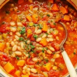 Hearty Bean Stew with white beans, carrots, celery, tomatoes, and herbs simmering in a Dutch oven, served with toasted bread.