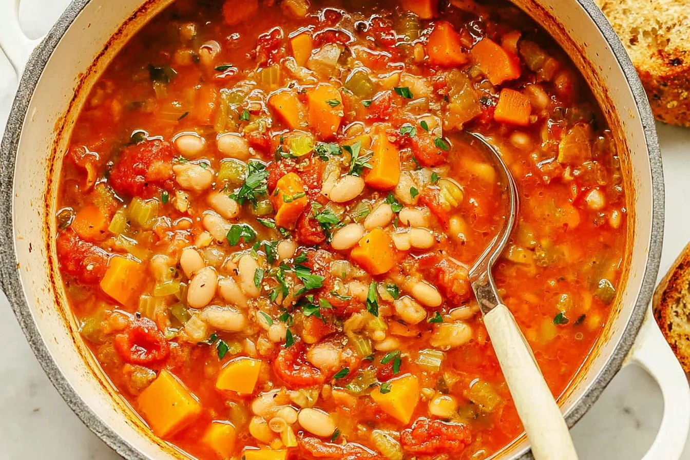 Hearty Bean Stew with white beans, carrots, celery, tomatoes, and herbs simmering in a Dutch oven, served with toasted bread.