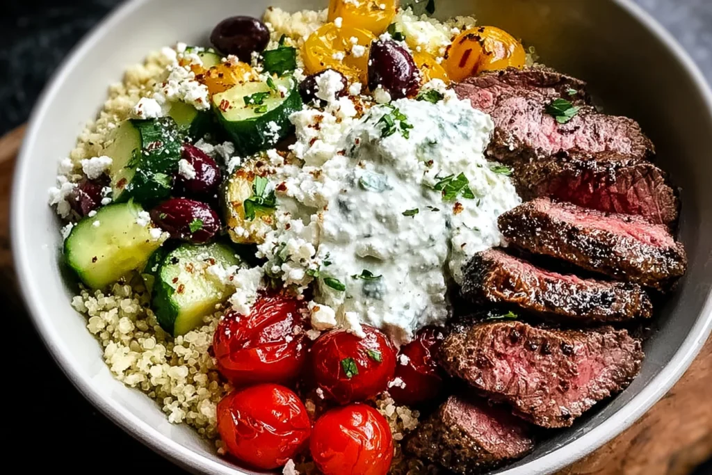 Mediterranean Steak Bowl Recipe with sliced sirloin, quinoa, cucumbers, cherry tomatoes, olives, feta, and creamy tzatziki sauce in a bowl.