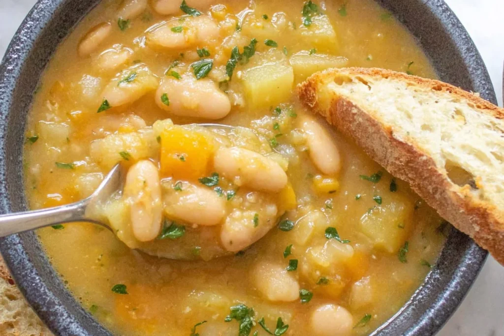 Spoonful of Potato and Bean Soup with creamy cannellini beans, tender potato chunks, and herbs served in a bowl with crusty bread.