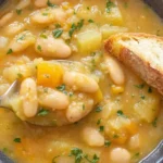 Spoonful of Potato and Bean Soup with creamy cannellini beans, tender potato chunks, and herbs served in a bowl with crusty bread.