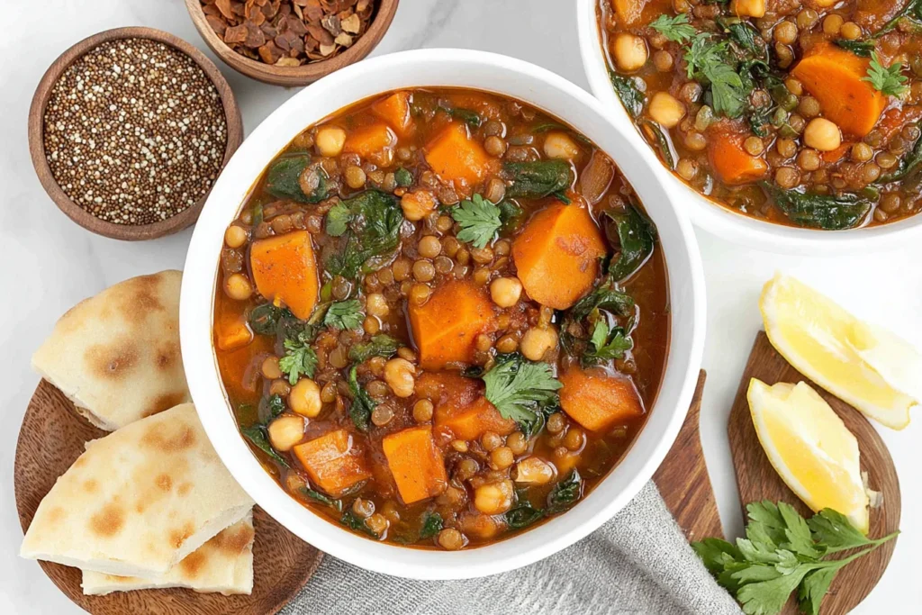 Vegan Moroccan Stew topped with cilantro, served with flatbread and lemon wedges on the side