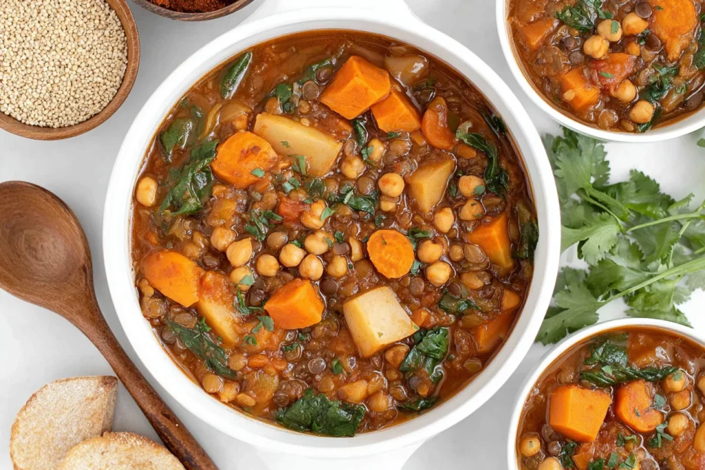 Vegan Moroccan Stew in a white bowl with lentils, chickpeas, sweet potatoes, carrots, and leafy greens