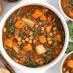 Vegan Moroccan Stew in a white bowl with lentils, chickpeas, sweet potatoes, carrots, and leafy greens