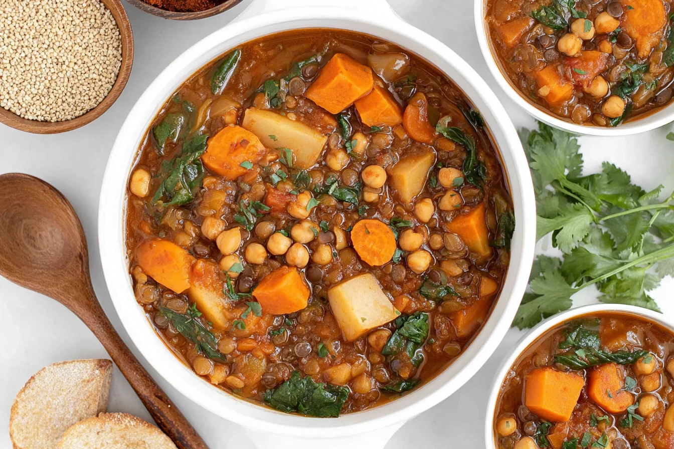 Vegan Moroccan Stew in a white bowl with lentils, chickpeas, sweet potatoes, carrots, and leafy greens